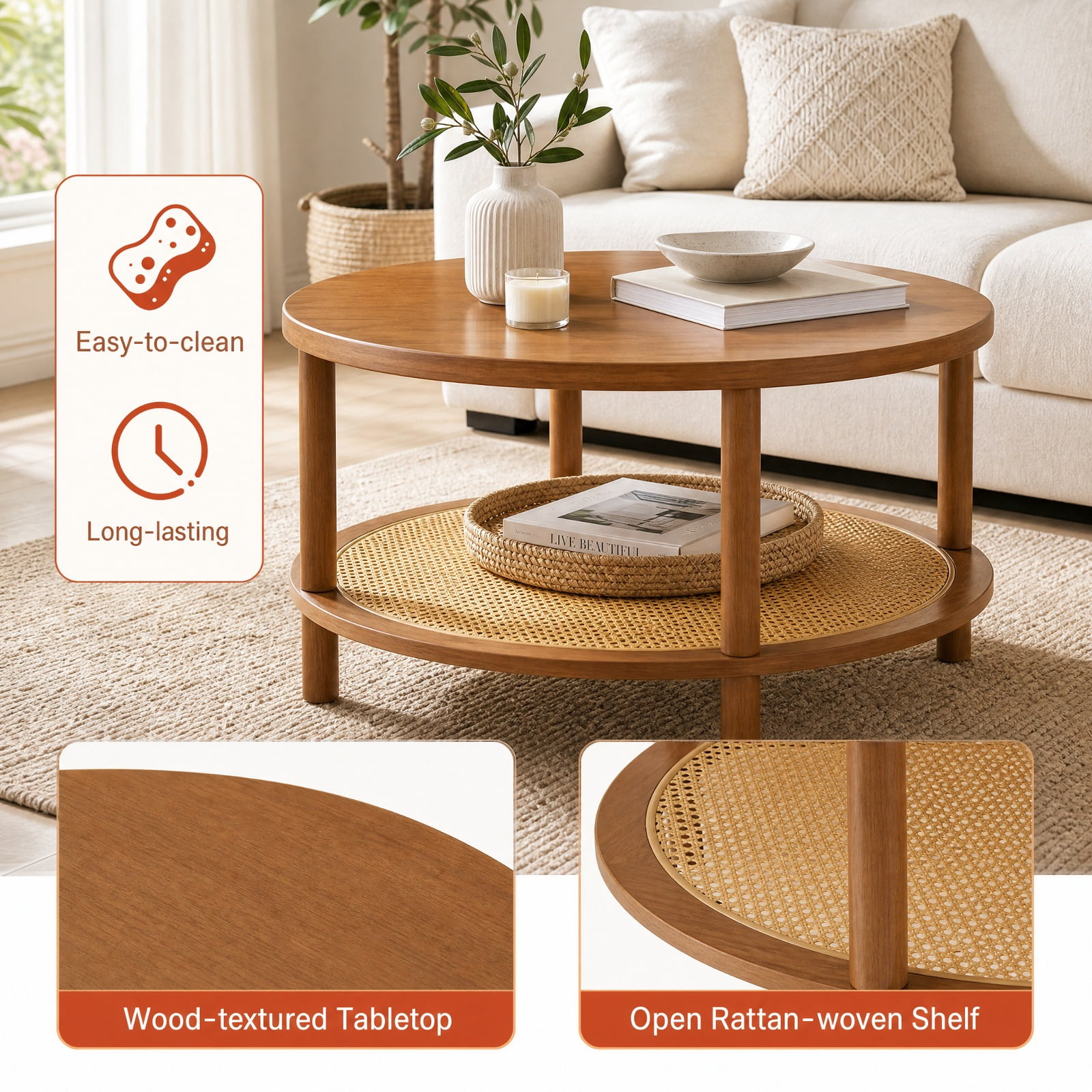 Furnibear 2 Tier Boho Round Rattan Coffee Table with Storage Shelf Rubber Wood Legs and Thickened Top for Living Room, Walnut