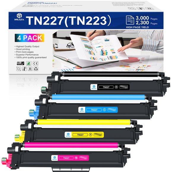 Inkalfa Compatible TN227 Toner Cartridge: Replacement for Brother TN227 TN223 TN-227 TN-223 TN227BK TN-227BK/C/M/Y High Yield for MFC-L3770CDW HL-L3290CDW MFC-L3710CW HL-L3270CDW