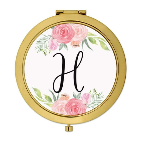 Mirror Perch - Andaz Press Compact Mirror Bridesmaid's Wedding Gift, Gold, Monogram Letter H, Peach and Pink Roses, 1-Pack