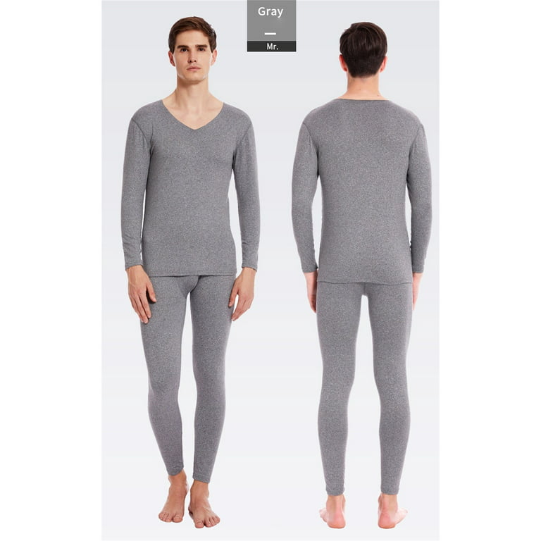 Lovskoo Long Johns Thermal Underwear for Men Fleece Lined Round Neck Solid  Color Winter Warm Tops and Bottom Set Base Layer for Cold Weather Gray