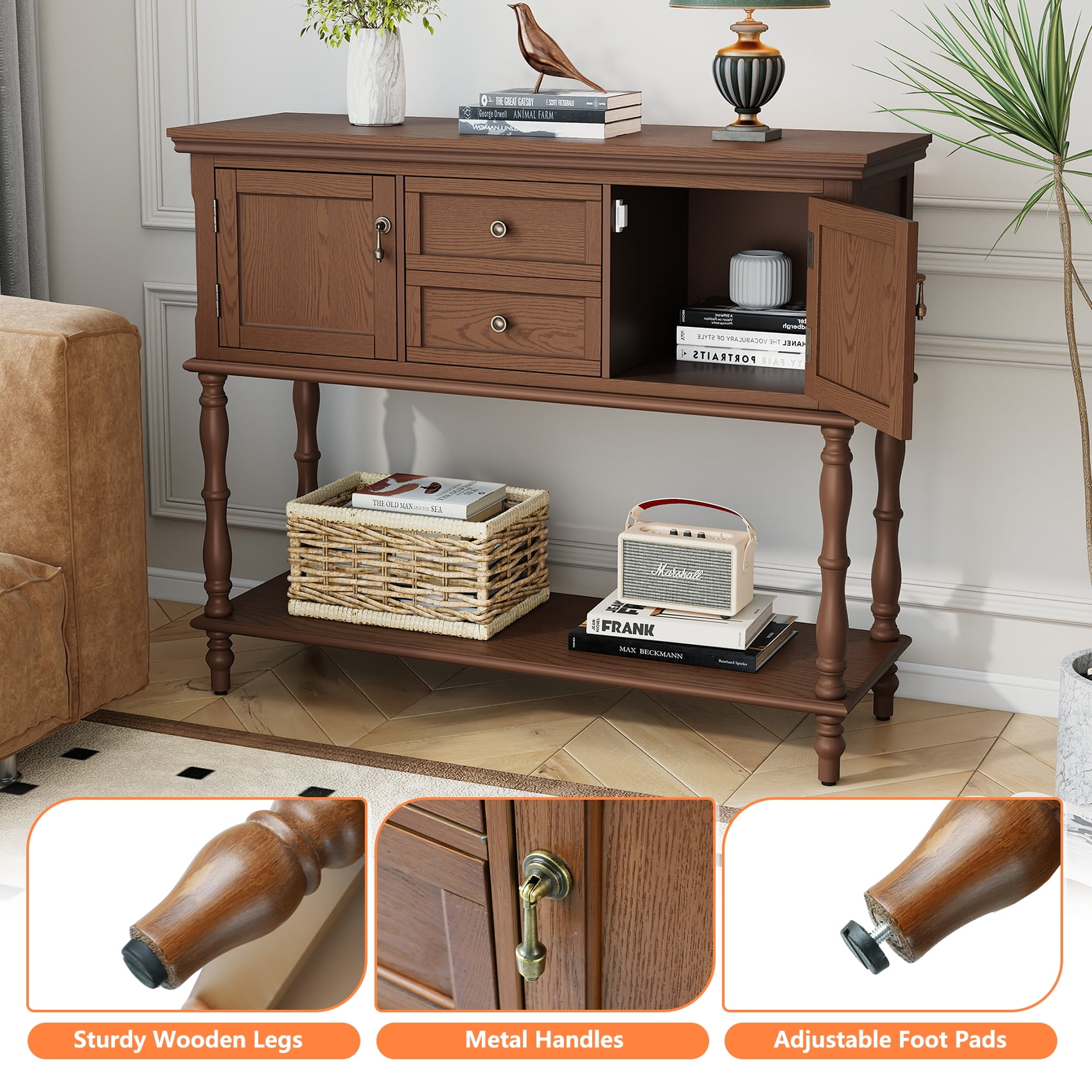 CBJCBJ 42'' Farmhouse Console Table , 2 Drawer Narrow Long Entryway Table with Open Storage Shelf , for Living Room,Brown