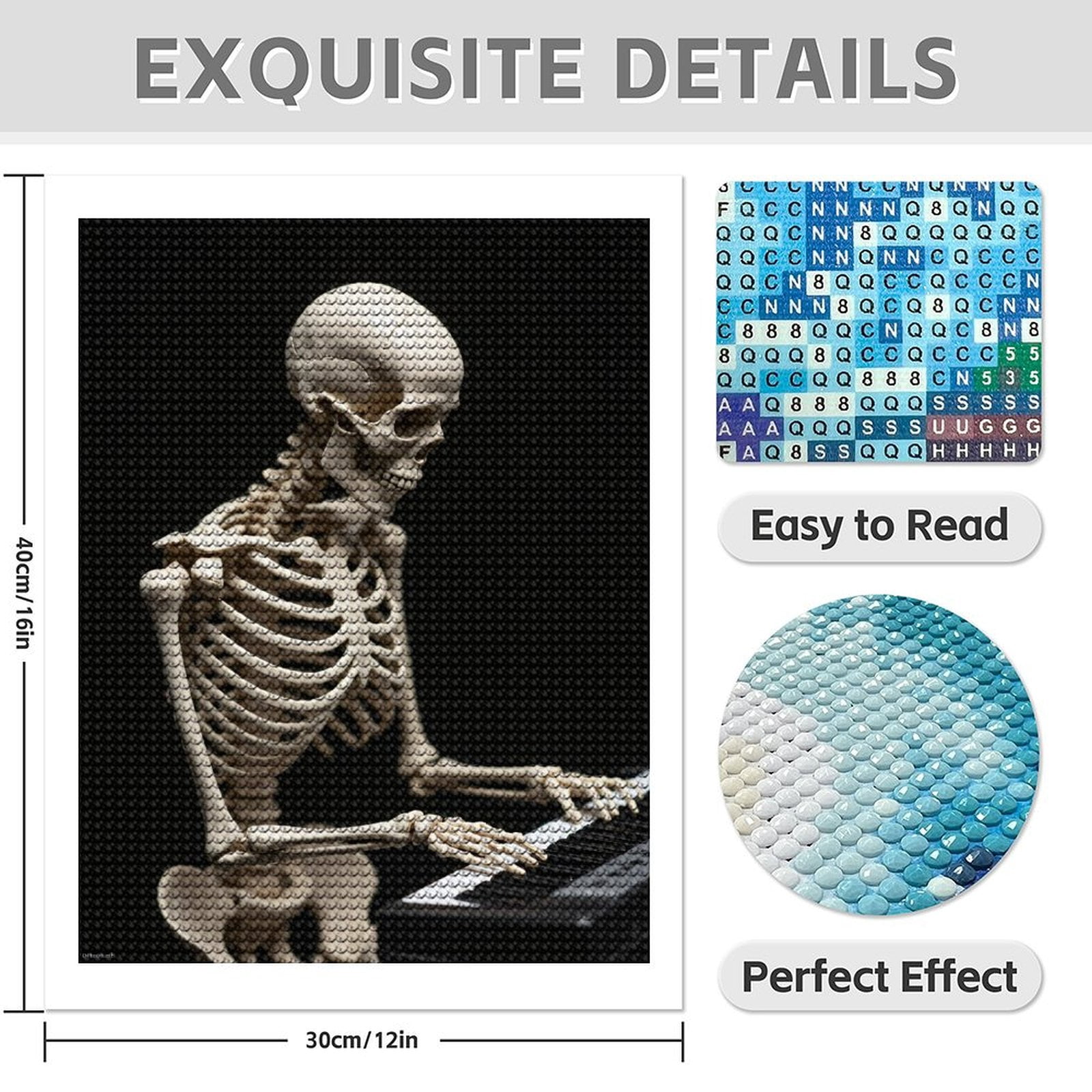 Diamond Art Kit for Adults, Skeleton Playing Keyboard Diamond Painting for Adults Beginners, DIY Diamond Art Painting Kits, 5D Diamond Painting Crafts for Home Decor 12x16 Frameless