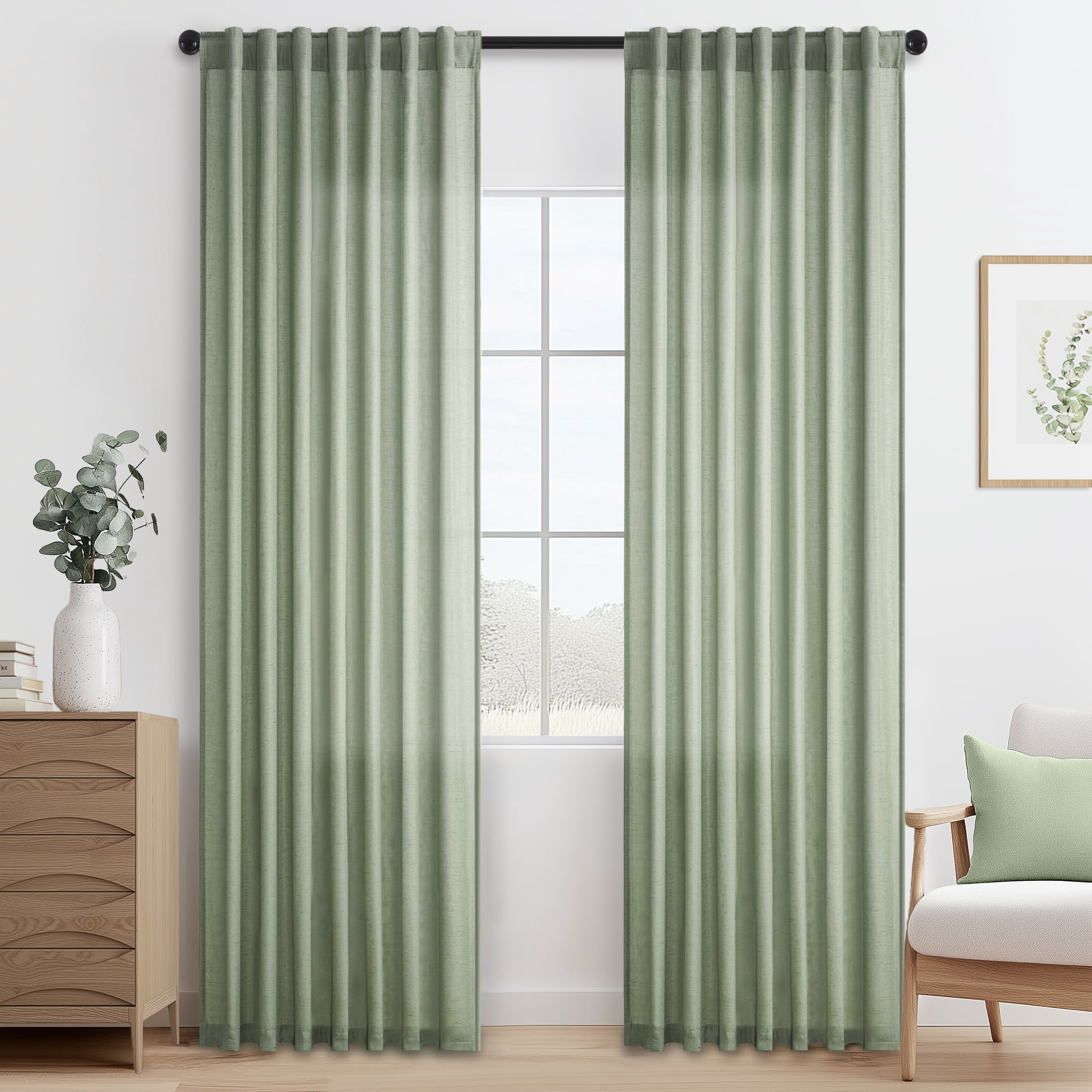 Jainmy Sage Green Linen Semi Sheer Curtains 90 Inches Long 2 Panels Set, Light Filtering Farmhouse Curtain Drapes for Living Room Bedroom,52"x90"
