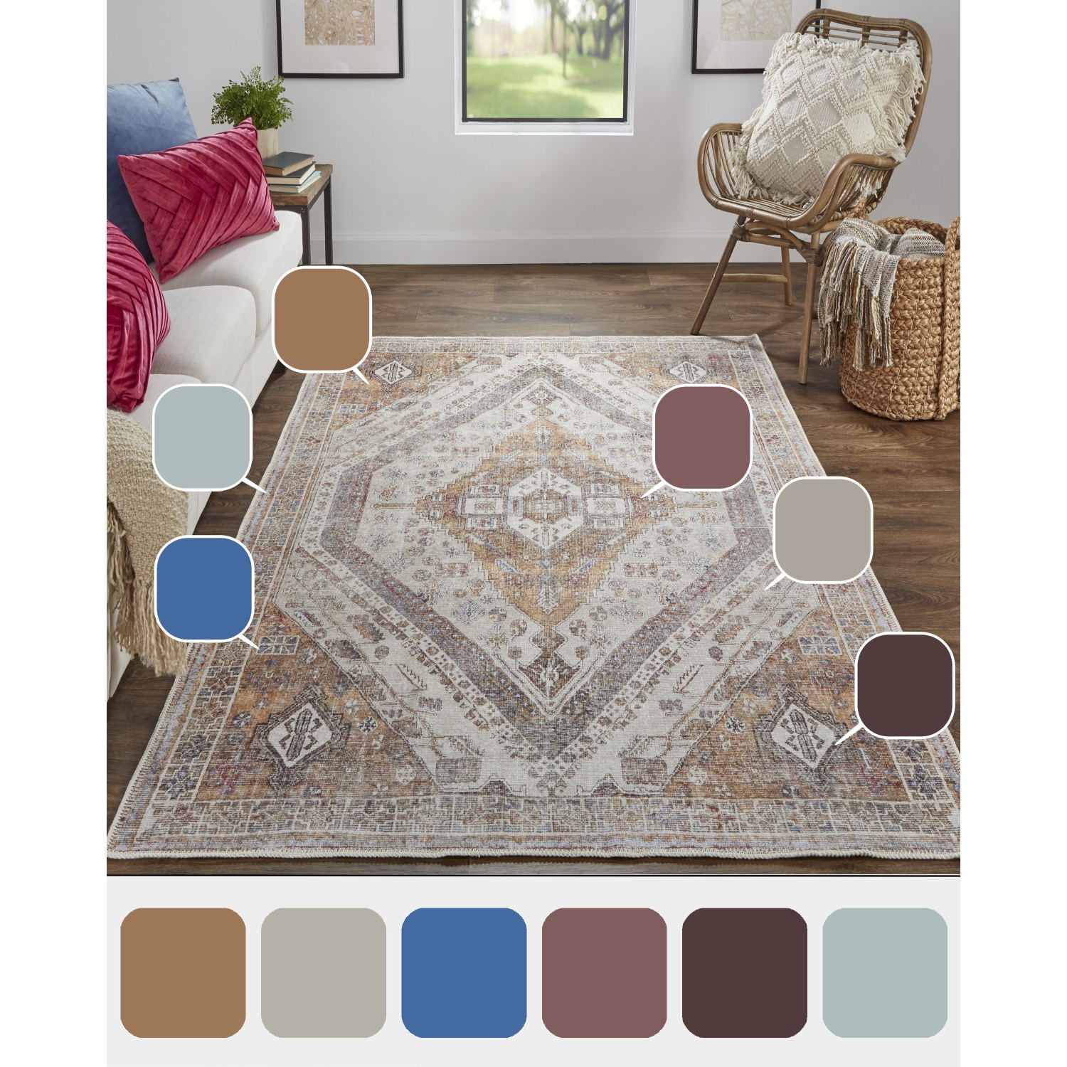Feizy Percy Transitional Medallion, Ivory/Orange/Brown, 4' x 6' Accent Rug Easy Care Fade Resistant Sheen Bohemian & Eclectic Distressed Floor Rug for Living room Bedroom