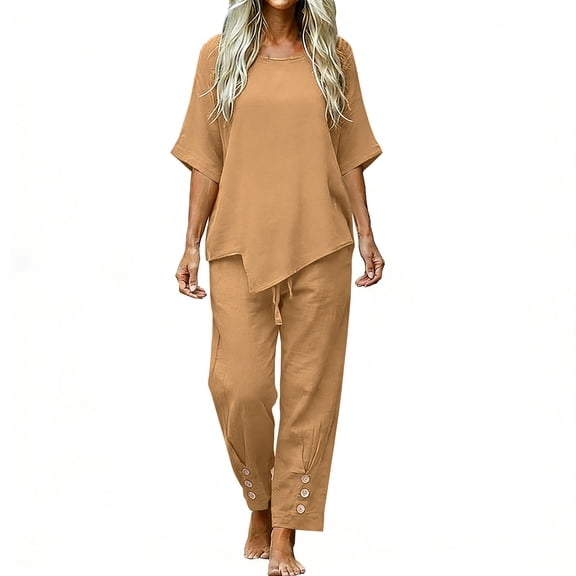 PRINxy Women All Match Linen Texture Two Piece Outfit Summer Crew Neck Short Sleeve Top Loose Wide Leg Pants Ladies Outdoor Leisure Daily Wear Suit Khaki M