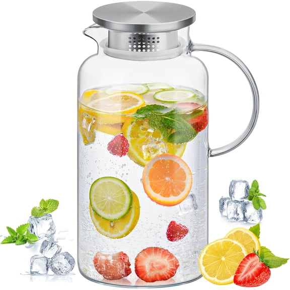 NiHome 66oz/1.95L Clear Glass Pitcher with Stainless Steel Lid for Iced Tea, Juice, Coffee, Milk& More, Dishwasher Safe Heat-Resistant Borosilicate Glass Water Jug, Smooth Pouring and Straining
