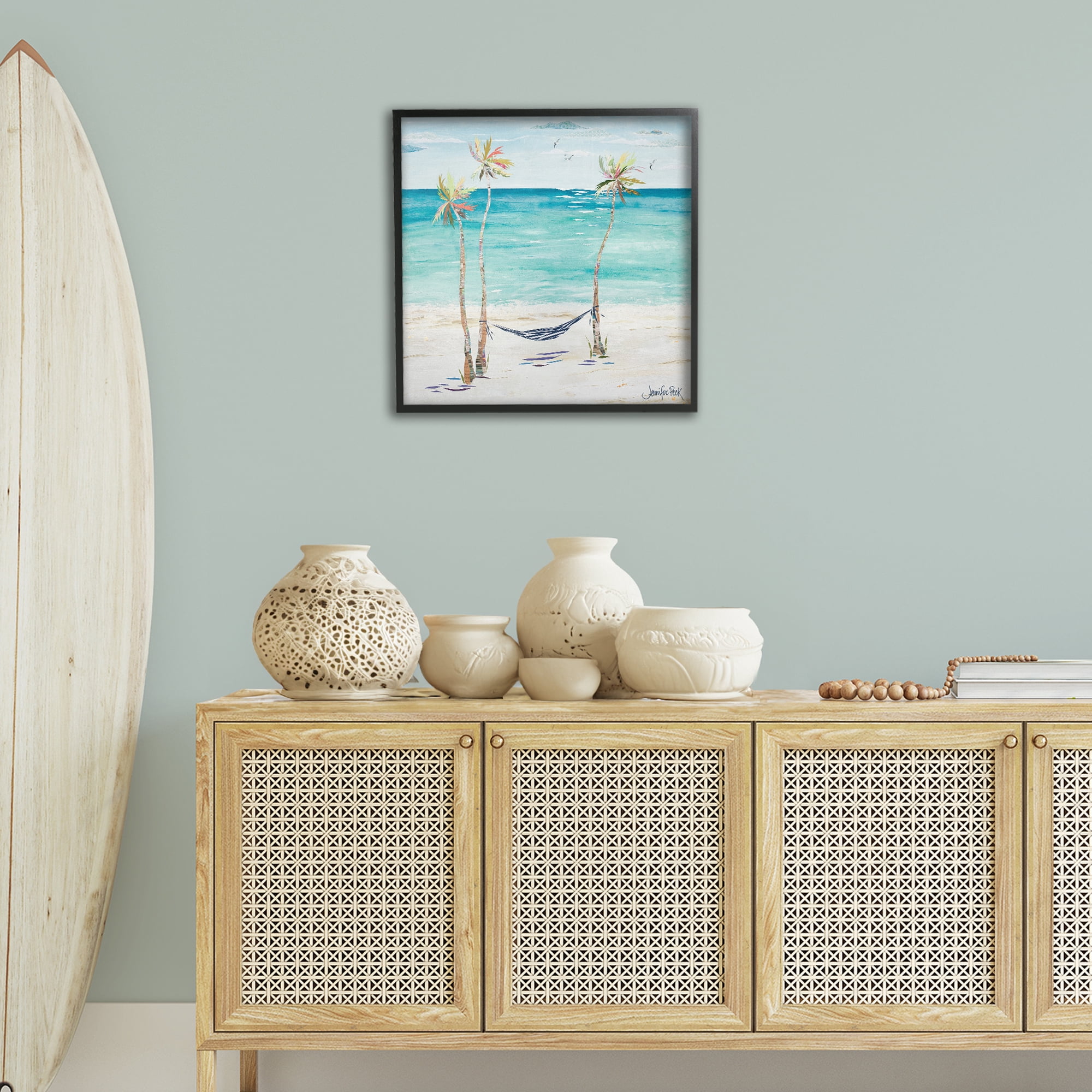 Stupell Industries Hammock & Three Palms Coastal Painting Black Framed Art Print Wall Art, 24 x 24