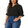 thumbnail image 4 of Agnes Orinda Women's Plus Size Chiffon Top Notched V Neck Puff Short Sleeve Casual Solid Blouse 2X Black, 4 of 6