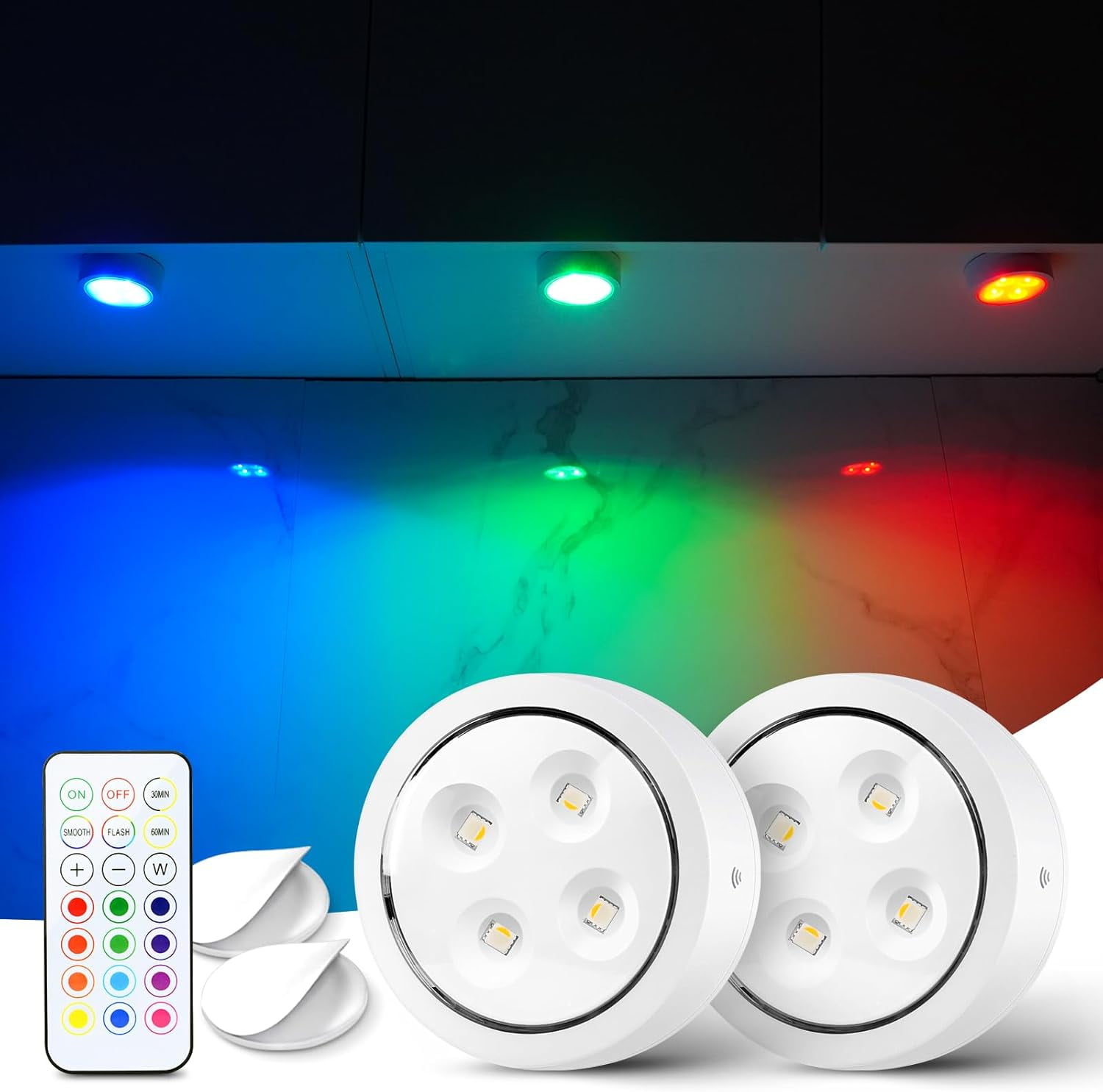 RGHJAR-Puck Lights with Remote Under Cabinet Lighting Battery Operated Push Lights Mini Led Lights Above Cabinet Lighting 2 Pack White