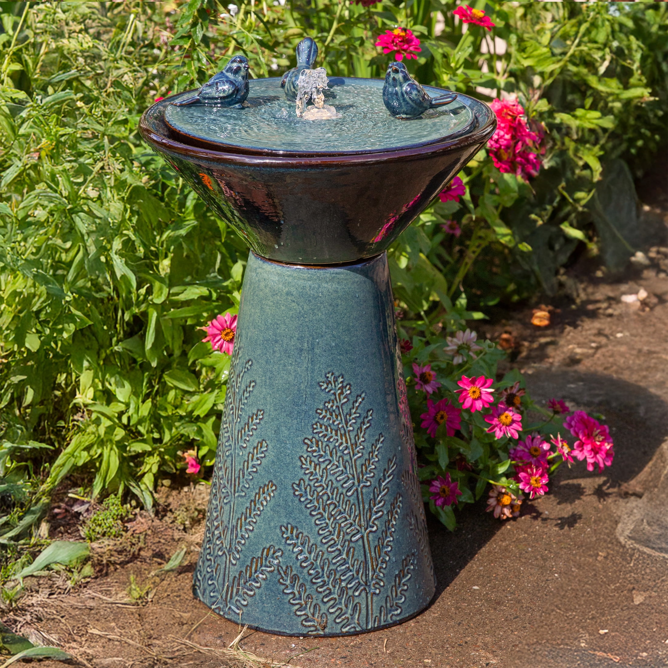 Sunnydaze Gathering Birds Ceramic Outdoor Water Fountain with Light