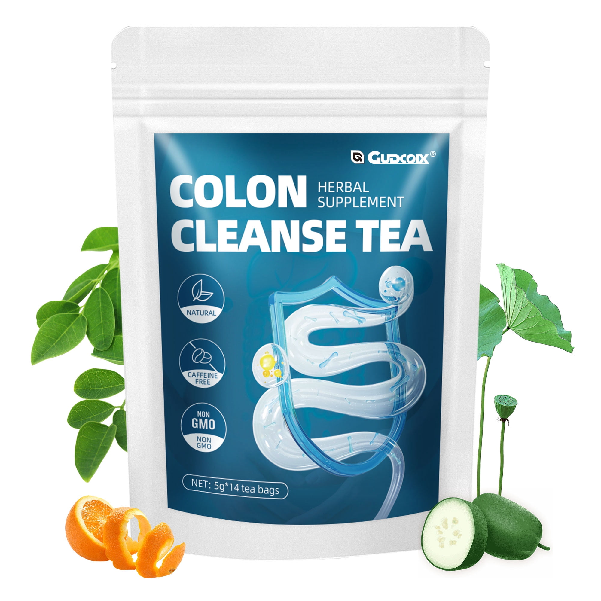 Gudcoix Herbal Colon Cleanse Tea, Digestive Support, Natural Detox Blend, Caffeine Free, Non GMO, 14 Bags