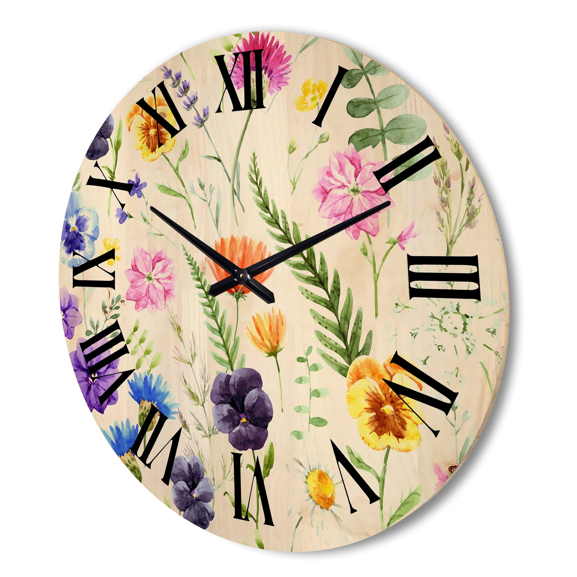 Designart 'Coloful Wildflowers Floral Pattern I' Traditional Wood Wall Clock