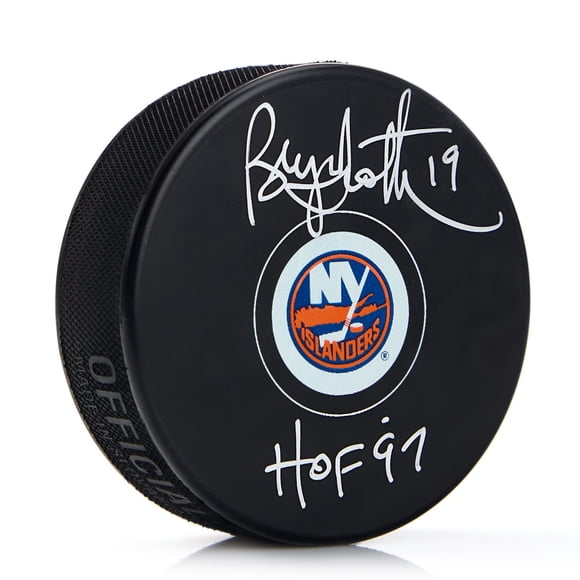Bryan Trottier Autographed New York Islanders Hockey Puck with HOF Note