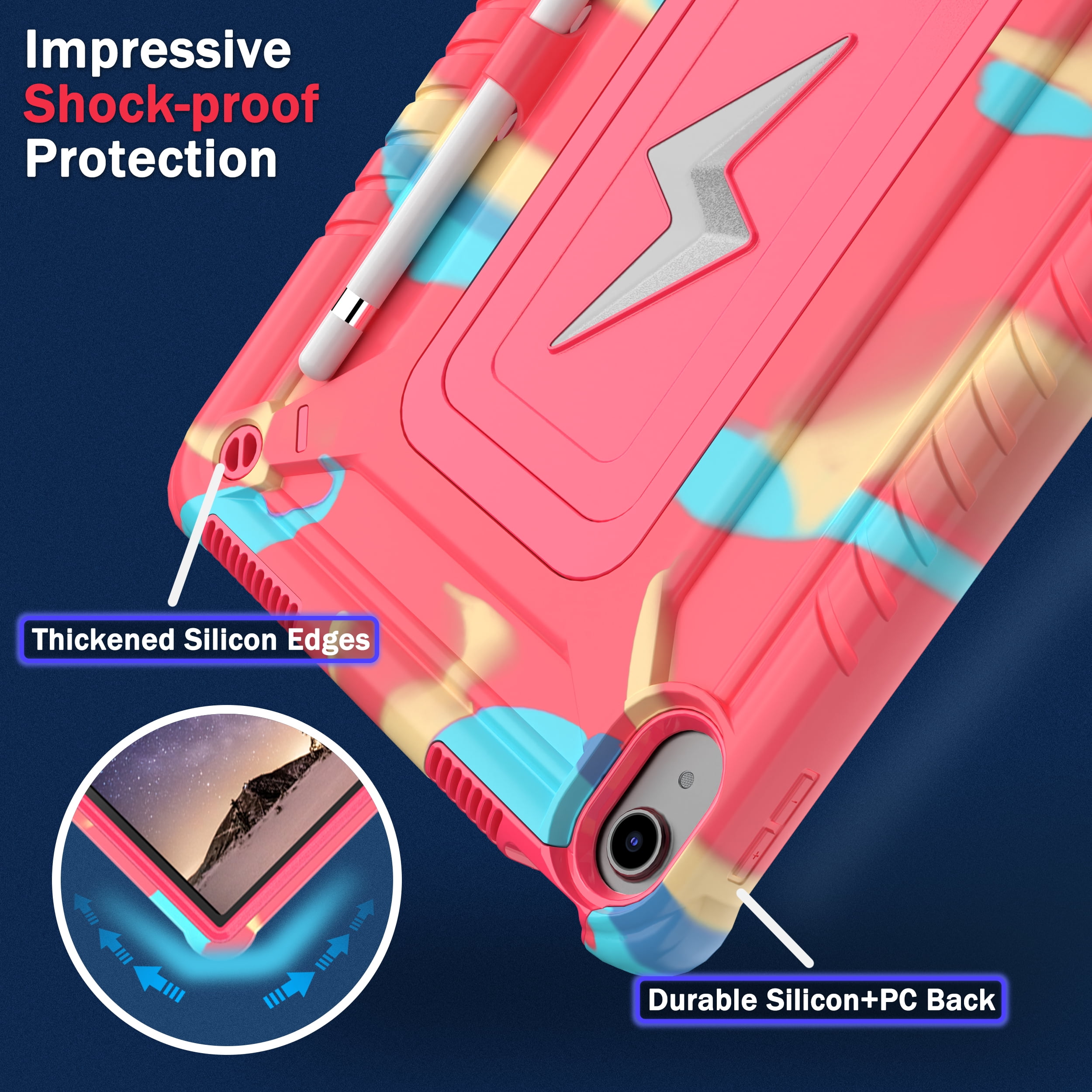 ELEHOLD For iPad Air 3rd Generation 2019 / iPad Pro 2017 10.5 inch ,Rugged Shockproof 3-Layer Kickstand Pencil Holder Protective Case with Shoulder Strap for Kids,Outdoor Travel,Rainbowrose