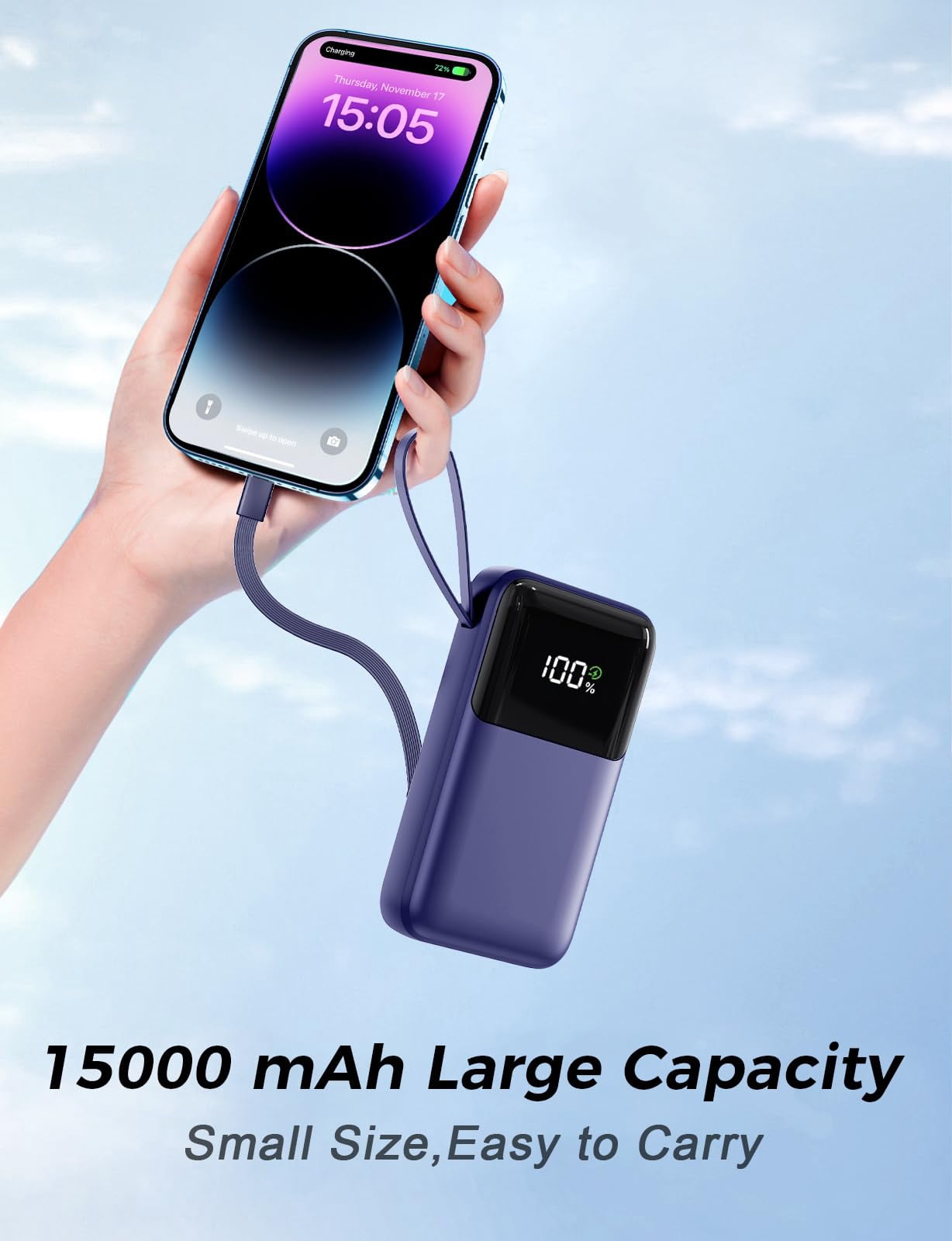 Power Bank, 15000mAh Portable Charger with Built in Cable, 22.5W Fast Charging, 6 Outputs, Slim Travel Essential Battery Pack with LED Display, Compatible with iPhone 17/16/15/14/13, Samsung, iPad