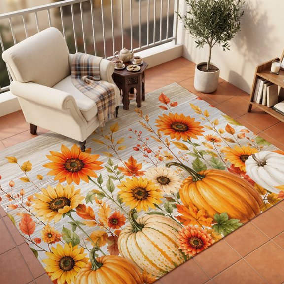 Area Rugs 5'x7', Orange Pumpkins Fall Carpet Runner Indoor Outdoor Rugs Home Decor Aesthetic, Vintage Sunflower Botanical Thanksgiving Non Slip Mats Washable Accent Rug for Living Room Bedroom
