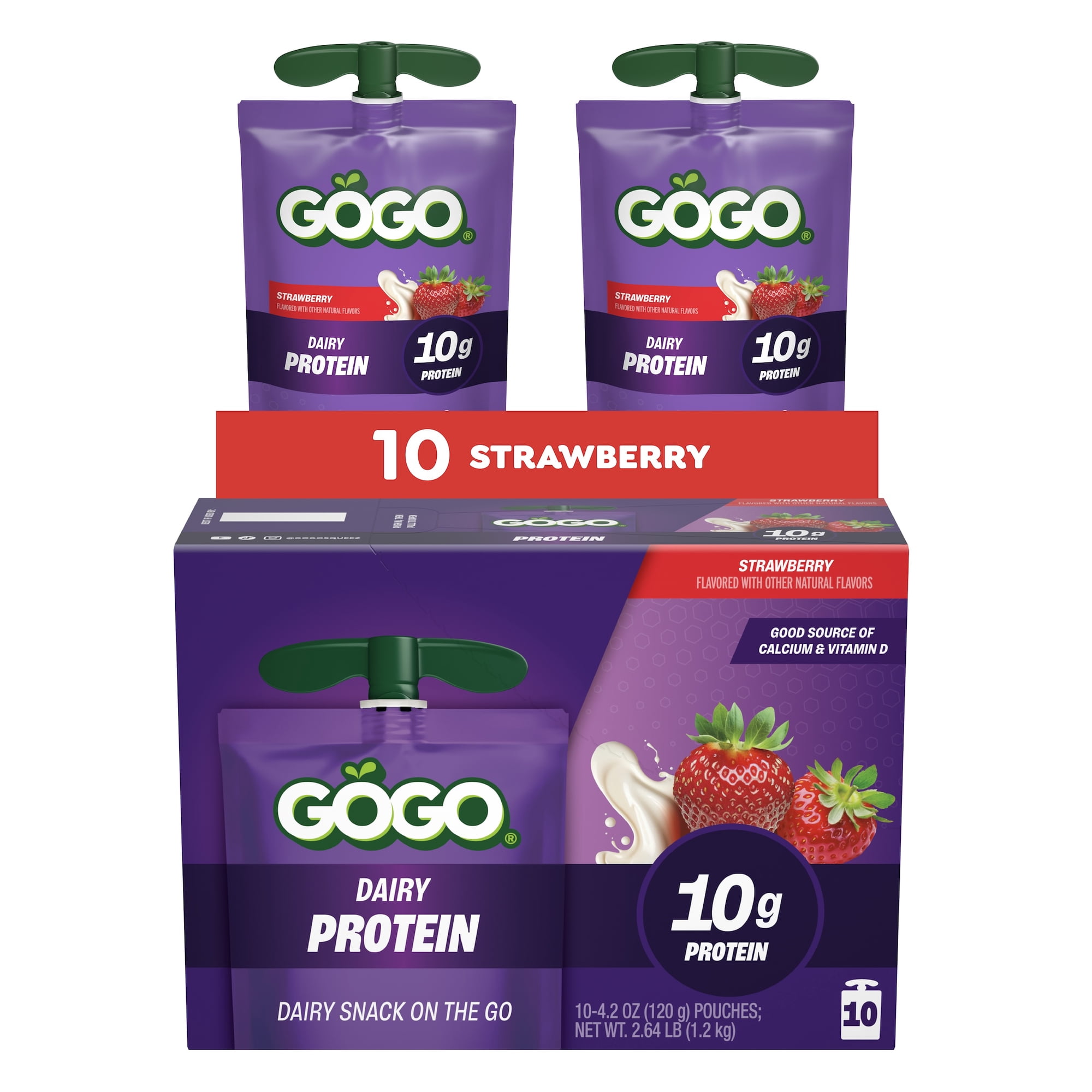GOGO 10g Protein Strawberry Dairy Snack On The Go Pouches , 4.2 oz (10 Pack)