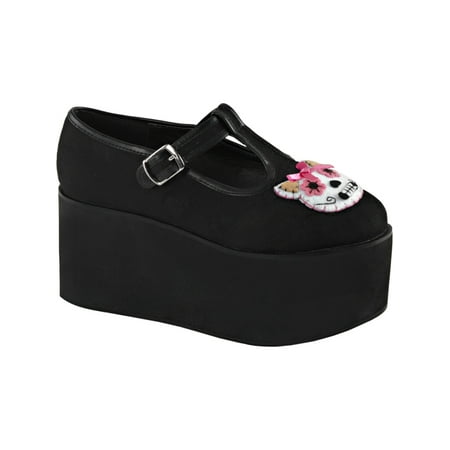 Canvas Shoes Womens Black T Strap Shoes Kitty Cat Skull 3 1/4 Inch Platform