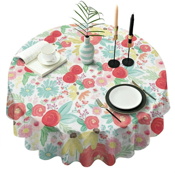 Pioneer Flower Floral Print Pattern Round Tablecloth 60"x60",Wrinkle Wipeable Table Cloth for Kitchen Dining Room Picnic Patio Party