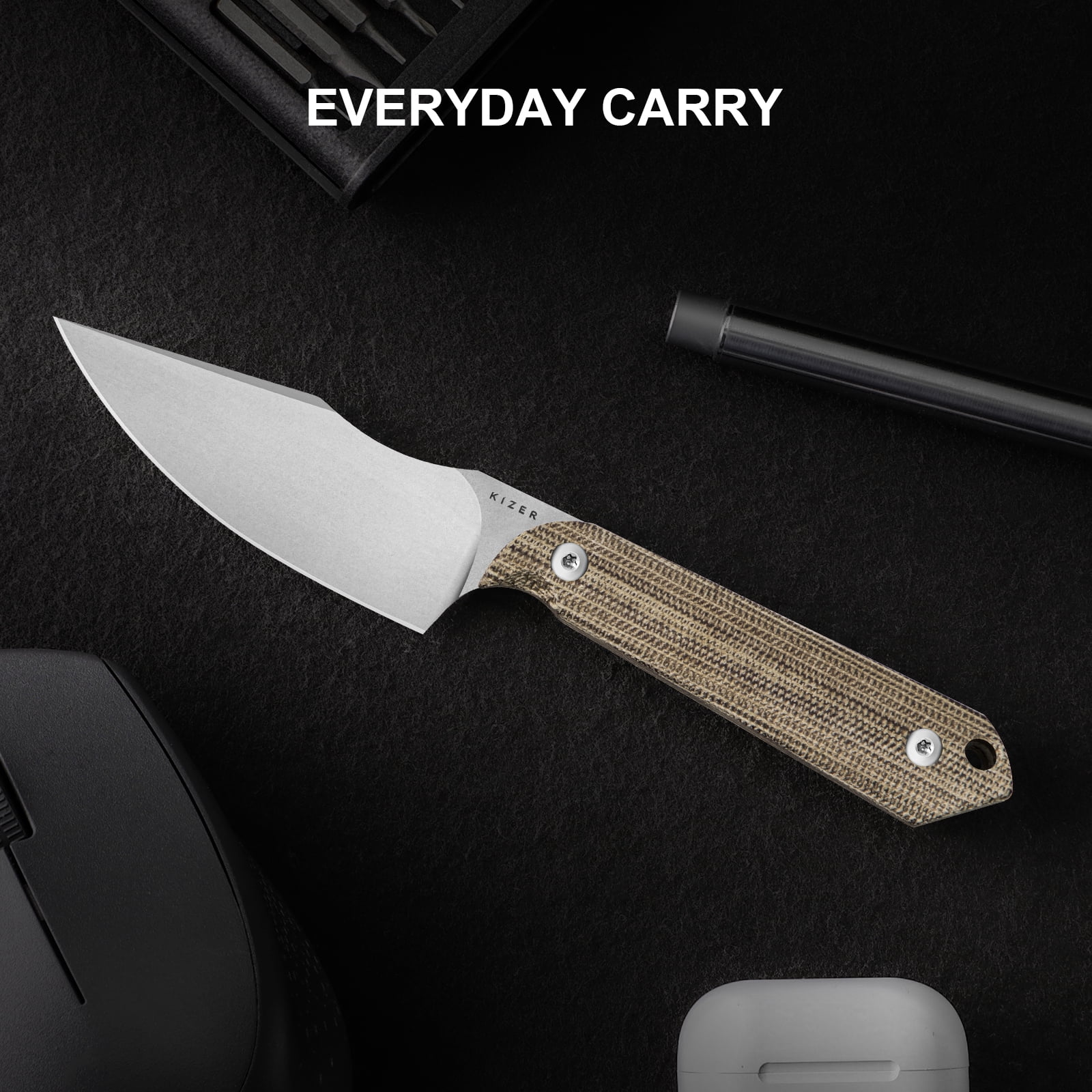 Kizer Mini Harpoon Fixed Blade Knife 3" AEB-L Blade Micarta Handle Pocket Tactical Knives 1040S7, Camping Hiking, Brown