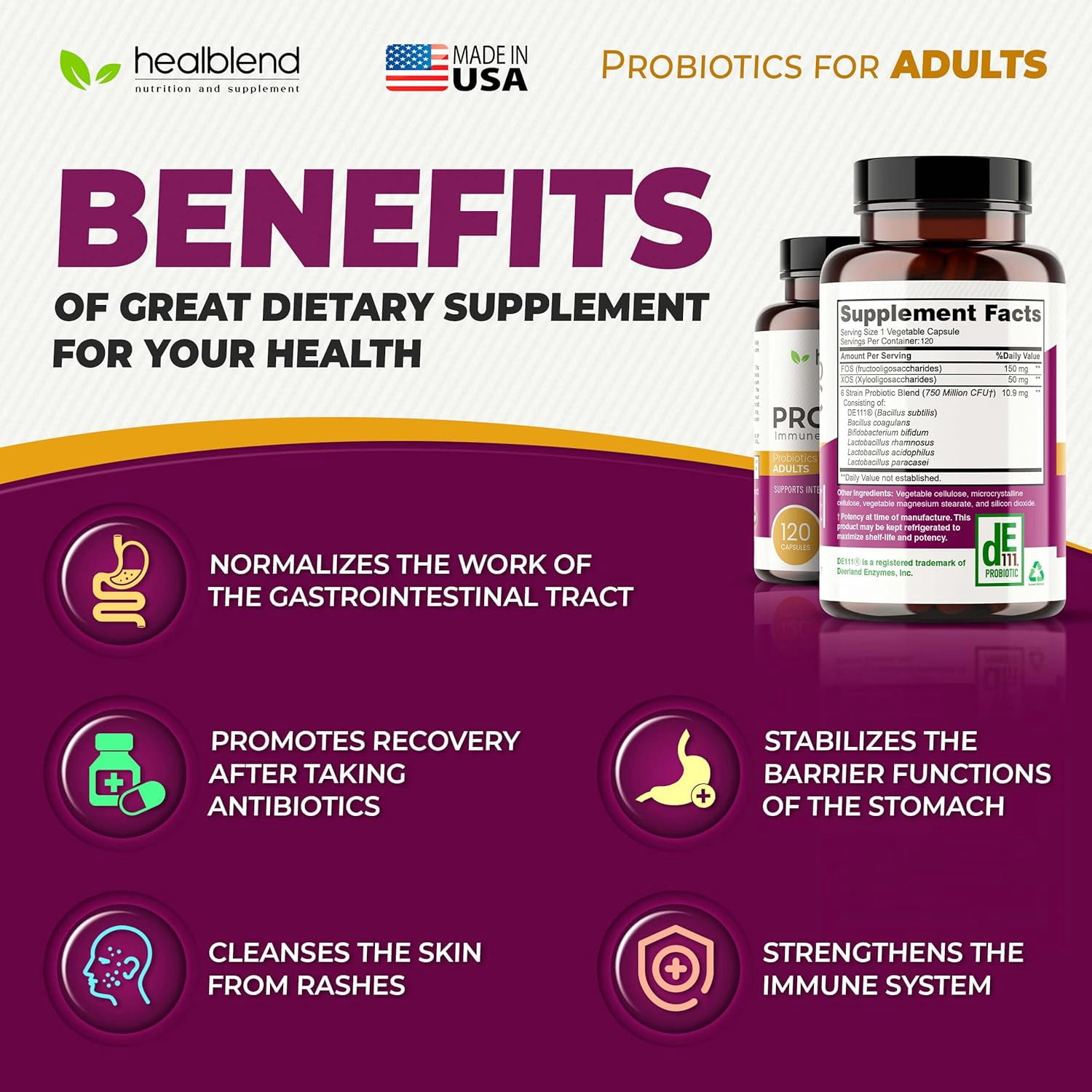 Healblend Blend Probiotic Supplement 750 Million CFU - 6 Strains Probiotics, Supports Immune, Digestive & Gut Health for Women & Men 3 - Pack