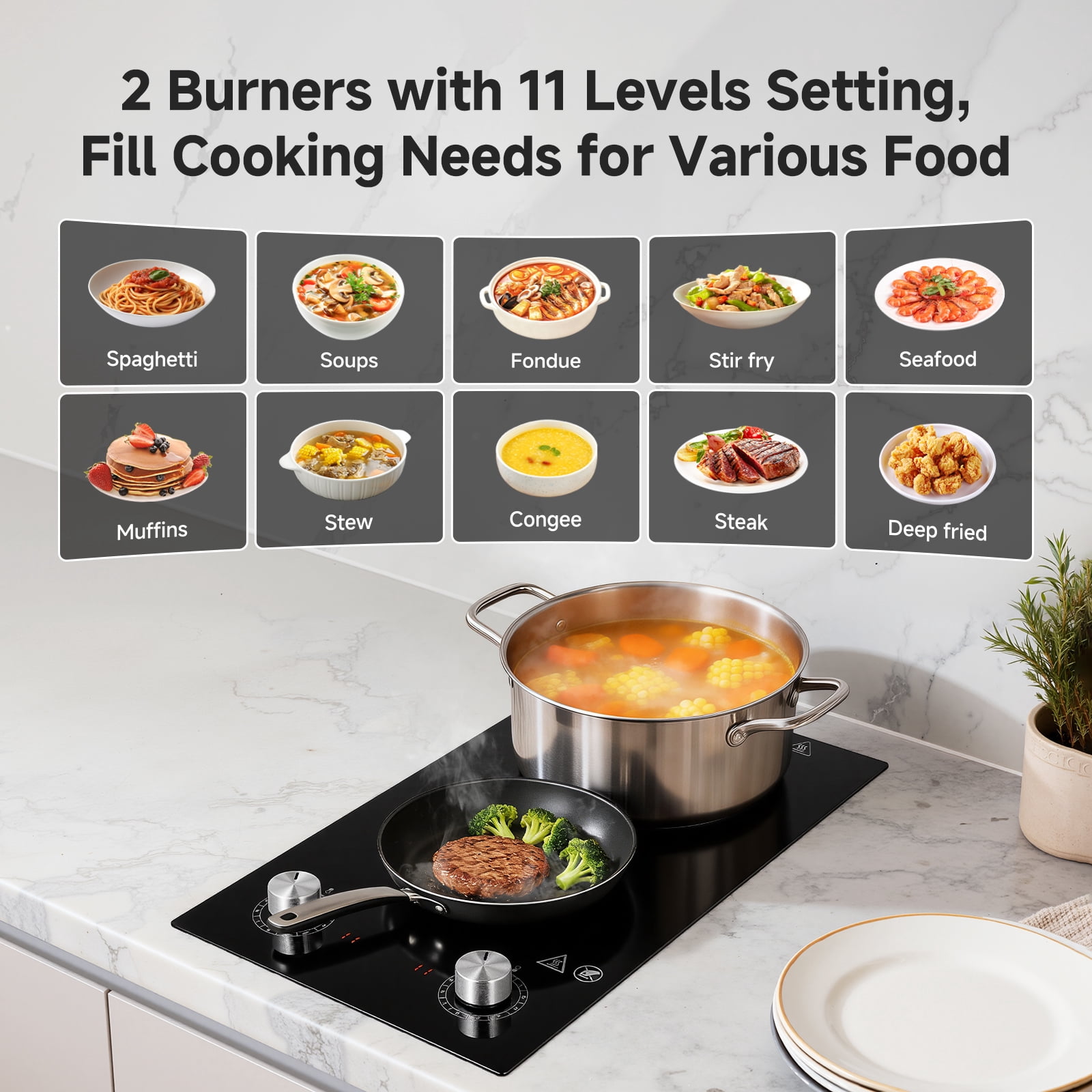 Sunmaki 2 Burner Electric Cooktop 1800W Portable Electric Stove with 11 Power Levels, Knob Control, 12 inch