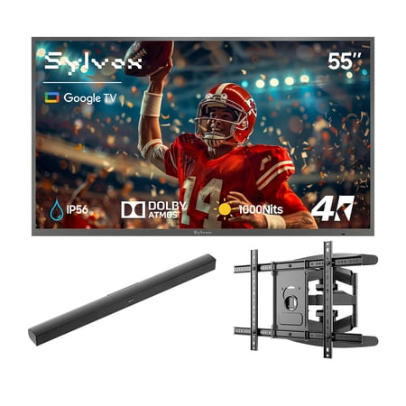 SYLVOX 55" Outdoor TV with Mount & Soundbar, 4K UHD Google TV for Partial Sun Outside 1000nit Brightness, IP55 Weatherproof, Dolby Atmos, Voice Remote (Deck Pro 3.0)