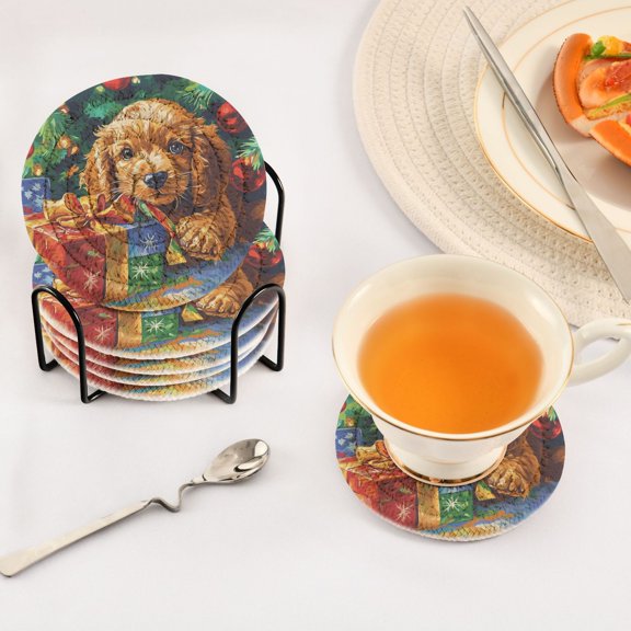 BZSMCE 6Pcs Drink Coasters With Holder 3.94Inch Puppy with Christmas Gifts Creative Coil Coaster Coasters Colors Absorbent Coasters for Drinks Coasters Set Thicken Heat for Home Table