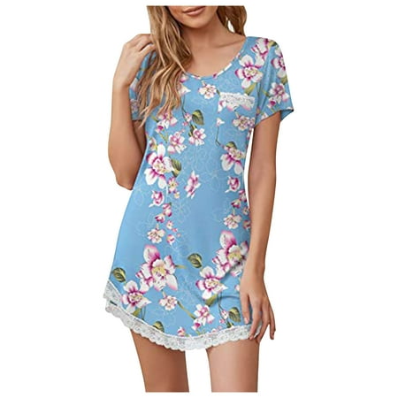 

YUEHAO Summer Dresses For Women 2022 Women s Sleep Shirt Dress V Neck Sleeve Lace Trim Soft S Nightshirt (Blue XL)