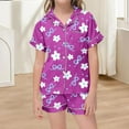 thumbnail image 2 of LRen Girls Casual Printed Lapel Collar Short Sleeve Button Down Shirt And Shorts Pajama Outfit Set For Toddlers Kids,8-9 Years,Z1-Purple, 2 of 5