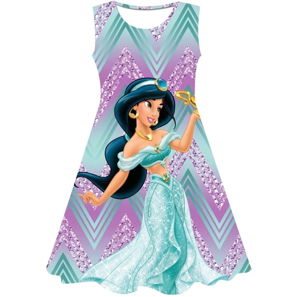 Vestido de princesa Jasmine de Disney, vestido bonito estampado para niñas, ropa informal de verano a la moda para niños, ropa para niñas con estampado 3D, manga de pétalo a la moda 6T Gao Jinjia LED
