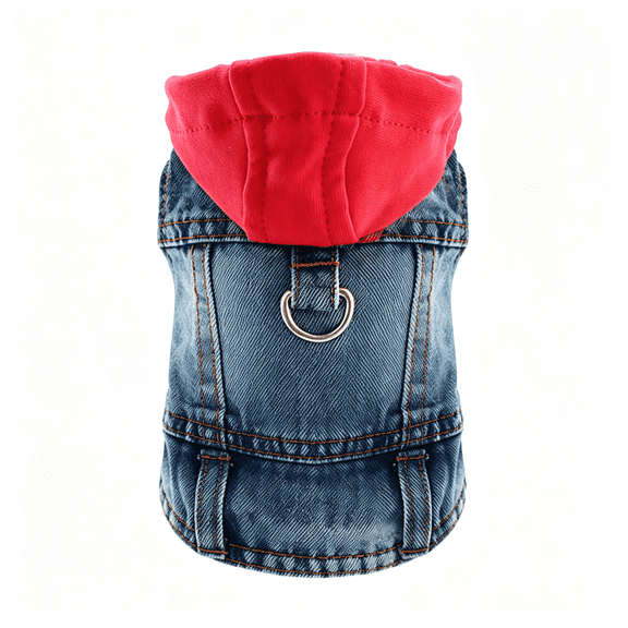TELOLY Cool Dog Jean Jacket Vest with D-Ring Blue Denim Dogs Hoodies Outfits for Small Medium Dogs Cats Boy Male Dog Clothes Costume Dogggie Puppy Harness Coat for Frenchie Walking(Red Hat,M)