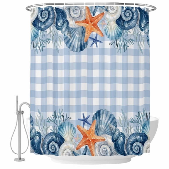 66x72 Inch Shower Curtains for Bathroom, Nautical Coastal Bath Curtain Decor, Ocean Starfish Shells Coral Conch Blue Plaid Waterproof Restroom Curtains Shower Set Accessories with 12 Hooks 66 Inch