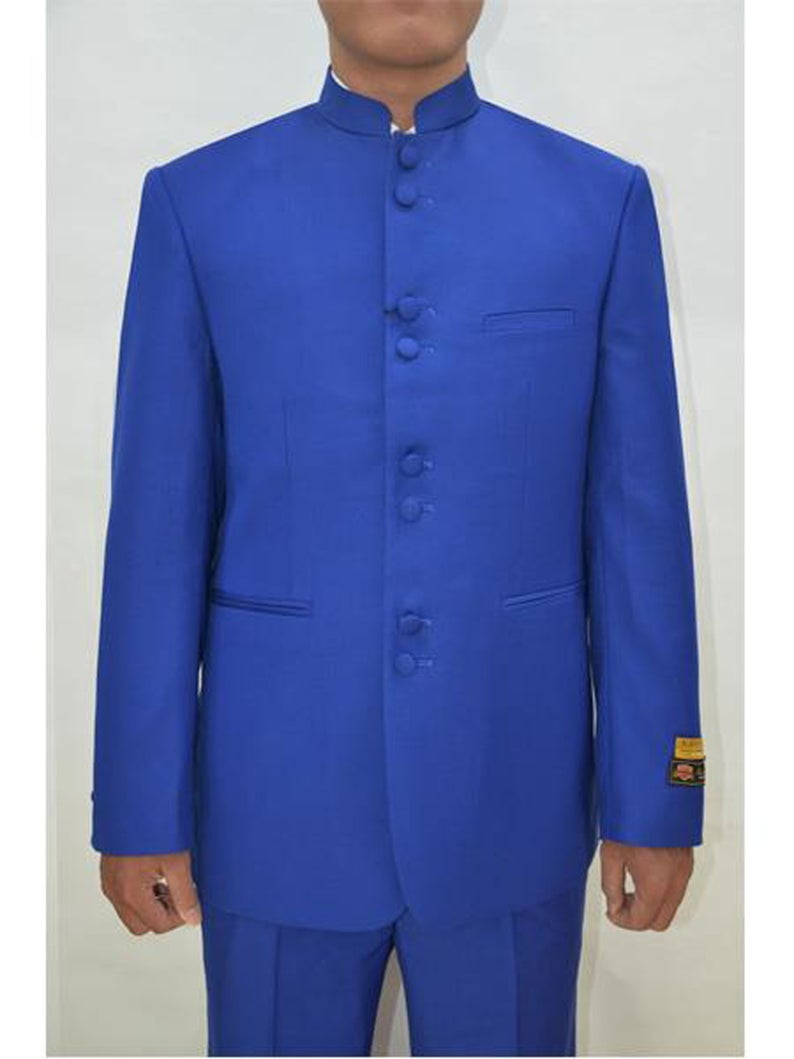 Mens Eight Button Mandarin Banded Collar Royal Blue Dress Suits For Men