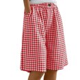 thumbnail image 2 of Vivianyn HD Women's Gingham Plaid Shorts, Elastic Waist Button Casual Loose Fit Knee Length Bottoms,Red,Size S-XXXL, 2 of 9