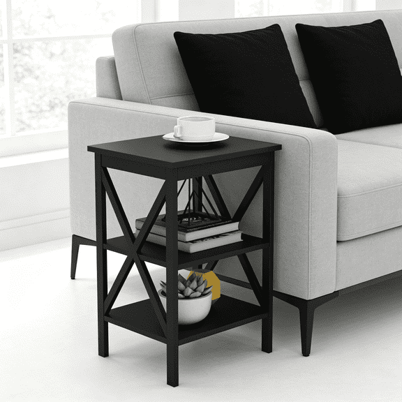 DURISEN Small End/Side Table, Nightstand, Storage Shelf for Living Room, Bedroom, Black,15.75"W x 15.75"D x 24"H