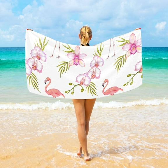 Pink Flamingo Flowers Beach Towel Camping Towel Microfiber Oversized 37" x 74" Absorbent for Seaside Camping Swimming Fitness