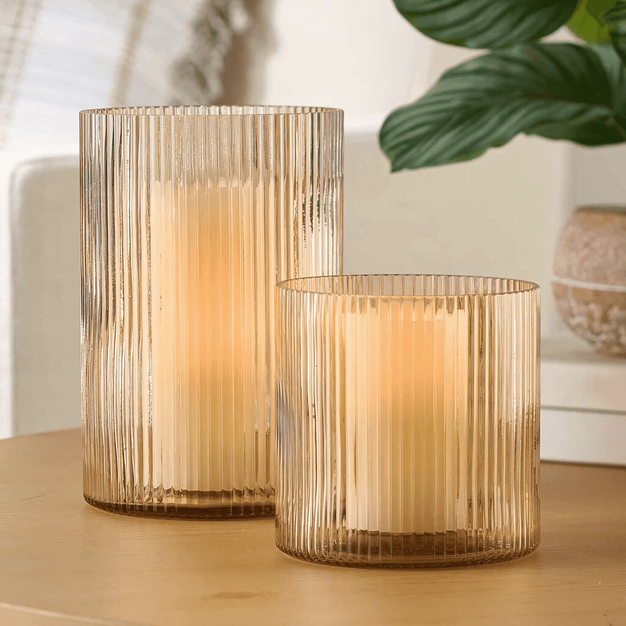 (4 pack) Better Homes & Gardens Amber Glass Ribbed Hurricane Candleholder, 8", Large