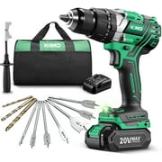 KIMO Brushless Drill/Driver Kit, Cordless Impact Drill Driver Set With 2.0Ah Li-Ion Battery with Charger, 800 In-lb Torque, 1/2" Chuck,243 Clutch,7 Spade Bits & 6 Concrete Bits