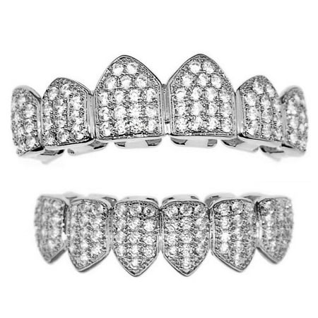 CZ Grillz Set Silver Tone Upper Top And Bottom Lower Cubic Zirconia Teeth Hip Hop