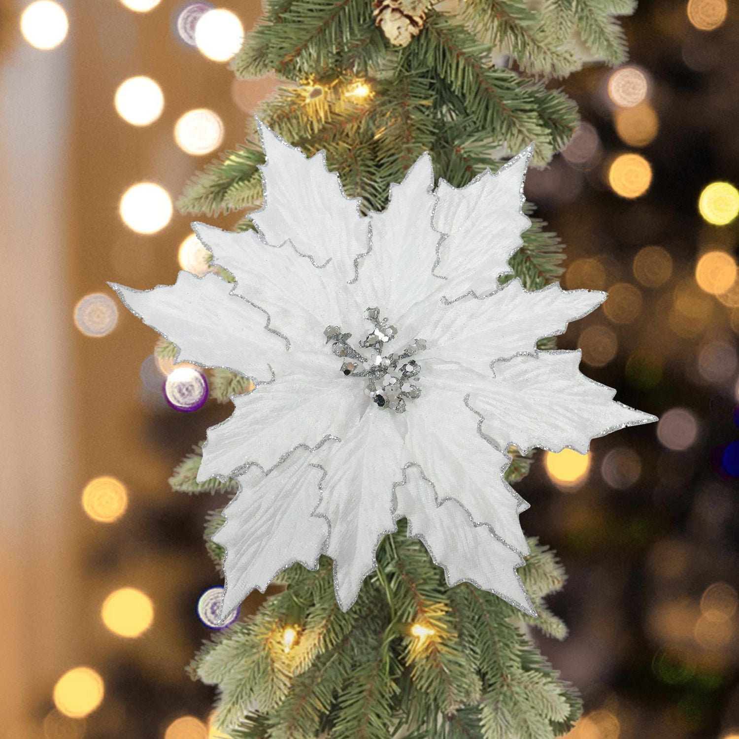 Holiday Time White Poinsettia Clip On Ornament