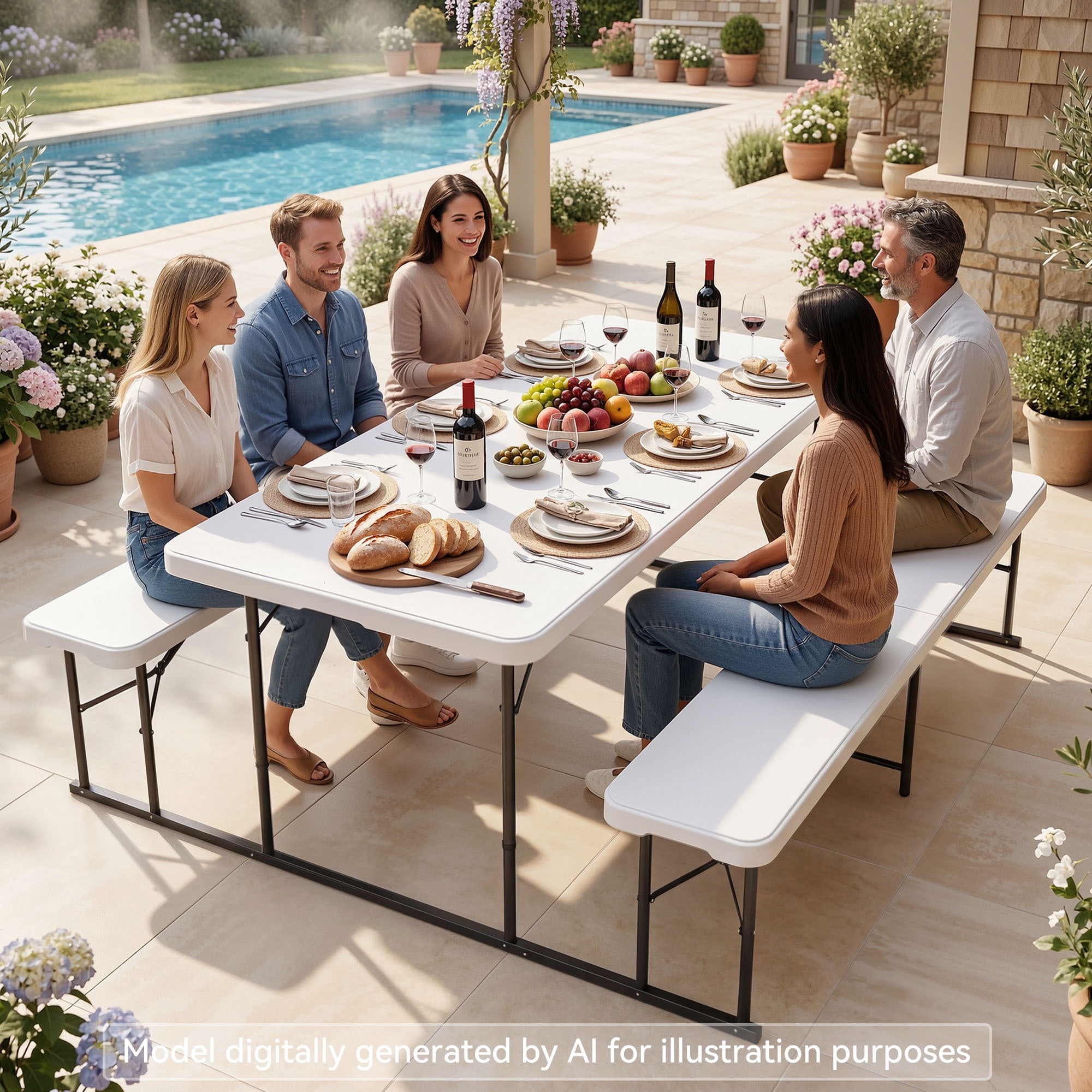Uforic 4.5' Folding Picnic Table with Benches, HDPE Top & Iron Frame, Portable for Camping Backyard White