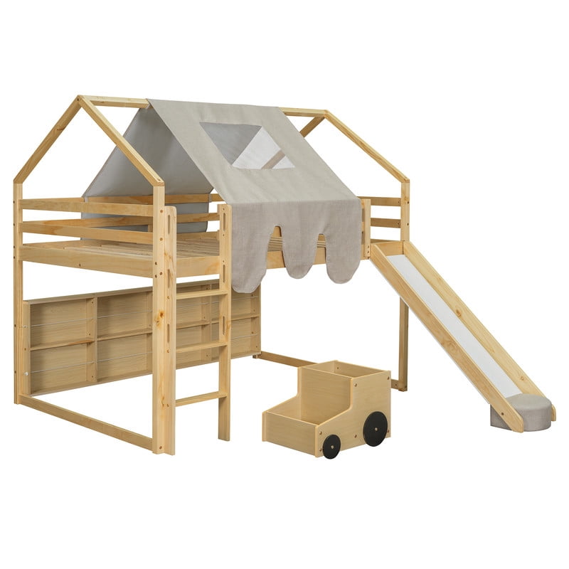 Full Size Wooden Loft Bed with Slide and Tent, House-Shaped Frame Kids Loft Bed with Ladder, Under-Bed Storage Shelves and Toy Organizer, Playhouse Bed for Bedroom