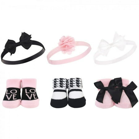 UPC: 0660168582819 | Hudson Baby Infant Girl Headband and Socks Giftset 6pc  Pink Black Love  One Size