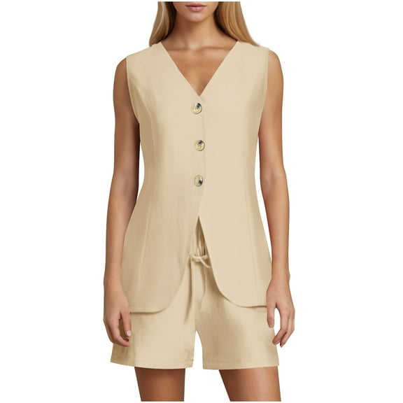 Aueoeo Summer 2 Piece Outfits For Women Sleeveless Button Up V Neck Vests Waistcoat Shorts Matching Sets