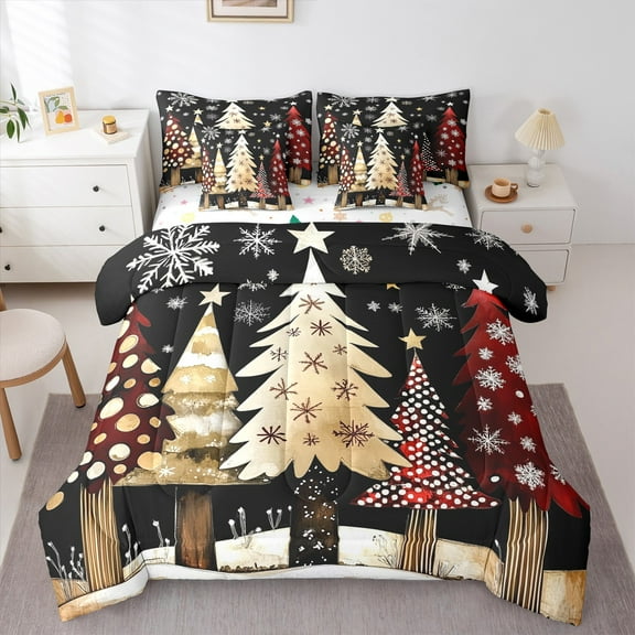 Castle Fairy Xmas Tree 7-Piece Twin Bedding Sets for Teenagers,Winter Snowflakes Bedding Comforter Set,Rustic Vintage Breathable Sheet Sets,Luxury Bedroom Decor