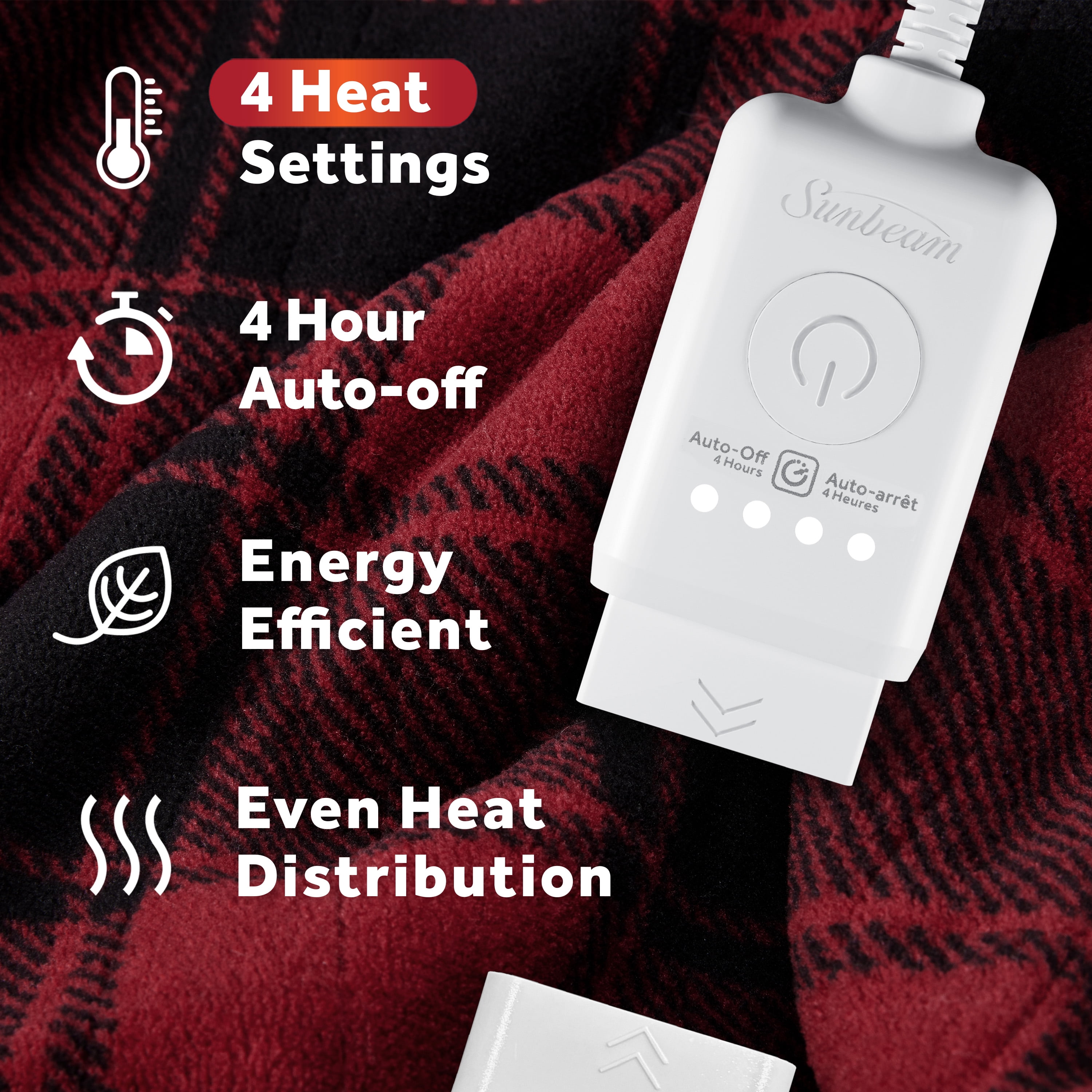 Jeté chauffant électrique motif tartan rouge Sunbeam en micropeluche et revers en sherpa, quatre réglages de chaleur, arrêt automatique, 127 cm x 152,4 cm (50 po x 60 po) SUNBEAM JETE CHAUFFANT