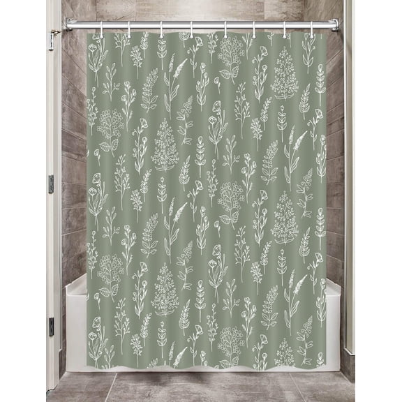 Boho Sage Green Floral Camper RV Shower Curtain for Travel Trailer Bathroom, Leaves Camping Small Narrow Shorter Fabric Shower Curtains Set, Spring Happy Camp Decor with Hooks 47X64
