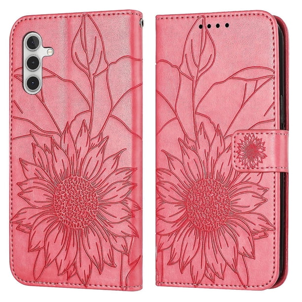 Funda tipo cartera con girasol grabado para Samsung A34 5g, multifuncional, elegante y con protección total.