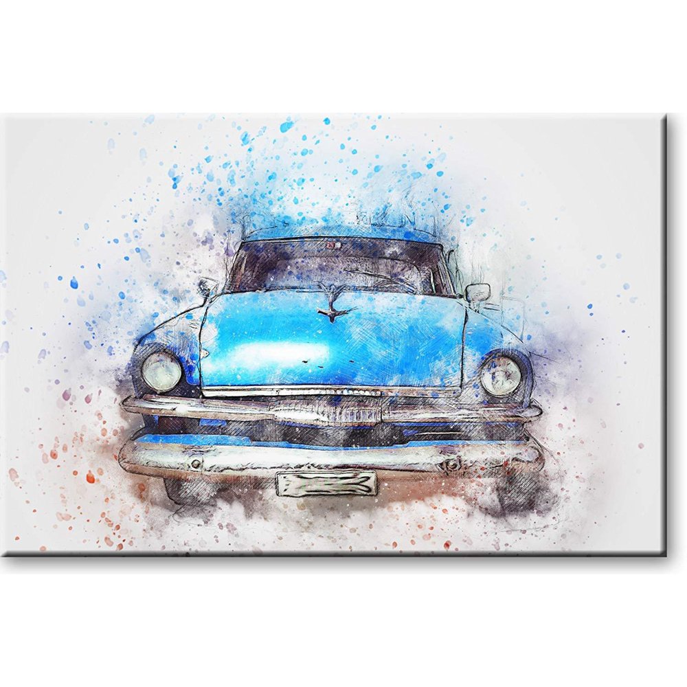 Vintage Blue Classic Car Picture on Stretched Canvas, Wall Art Decor